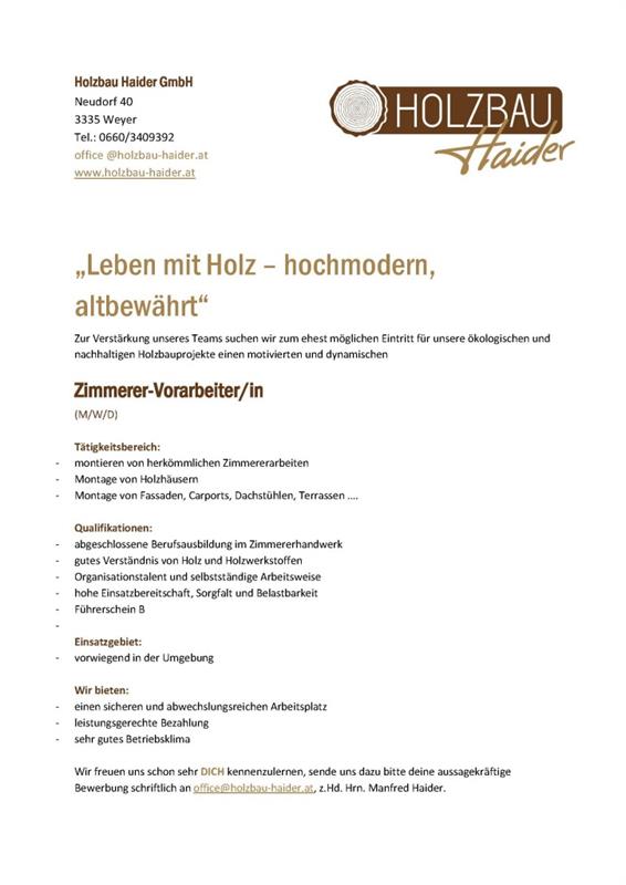 Holzbau Haider GmbH sucht Zimmerer-Vorarbeiter